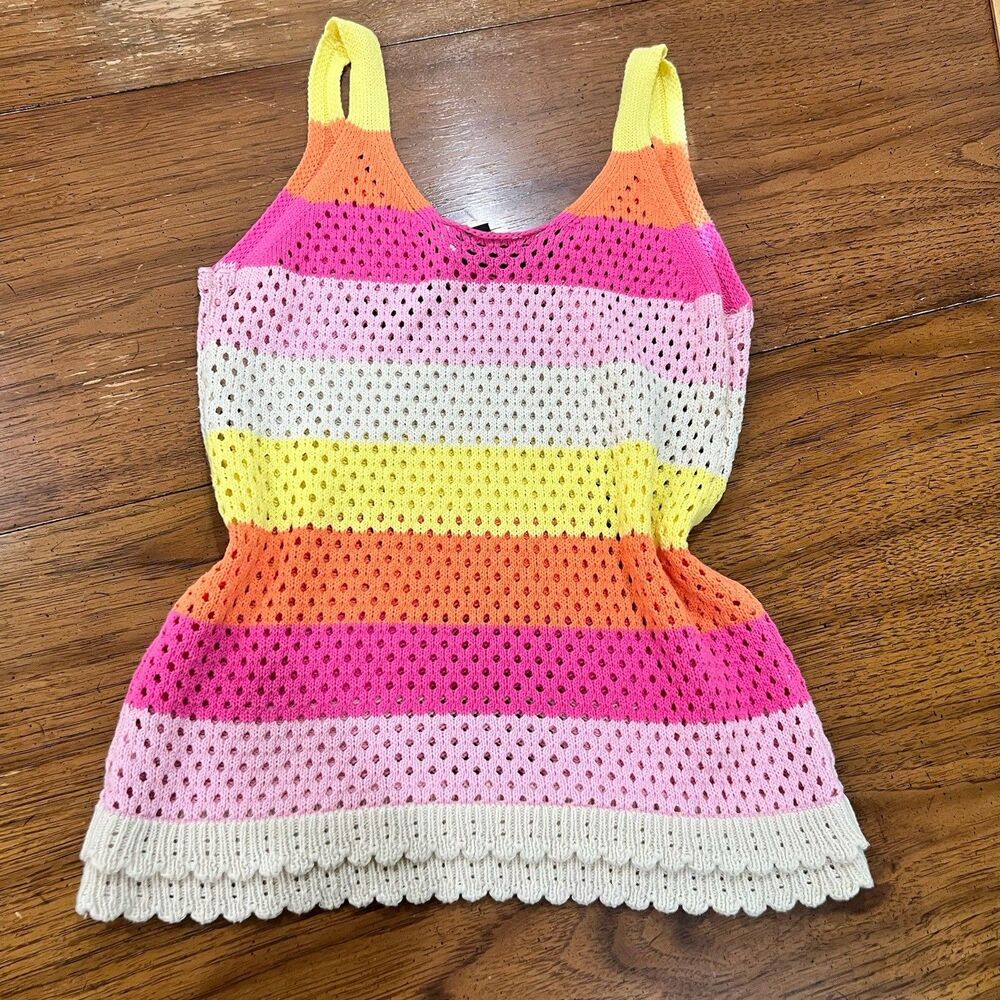 DESIGN365 Crochet Knit Tank Top S Pink Orange Striped Scallop Boho Cottagecore
